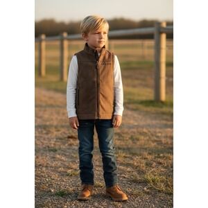 Cinch Youth M(10) Herringbone Bonded Softshell Vest Brown Zip Pockets EUC